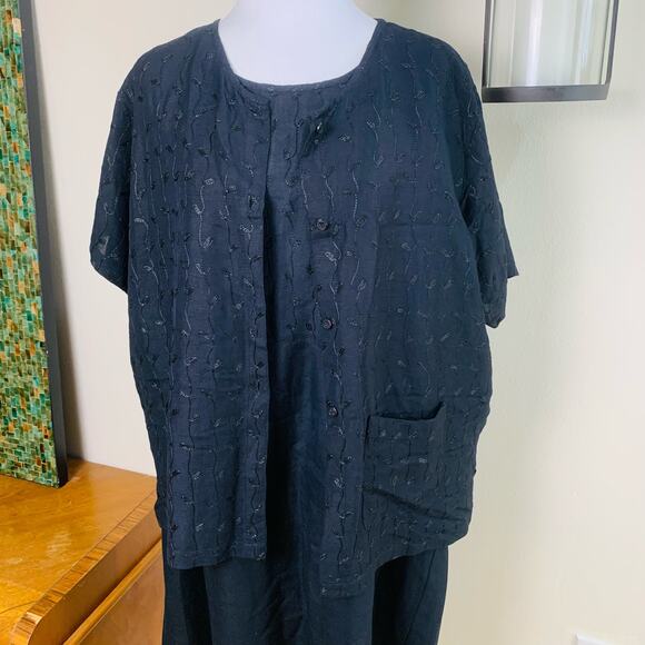 Vintage Size XL Linen Rayon 2-Piece Lagenlook Artsy Black Embroidered Dress Set - Picture 5 of 10